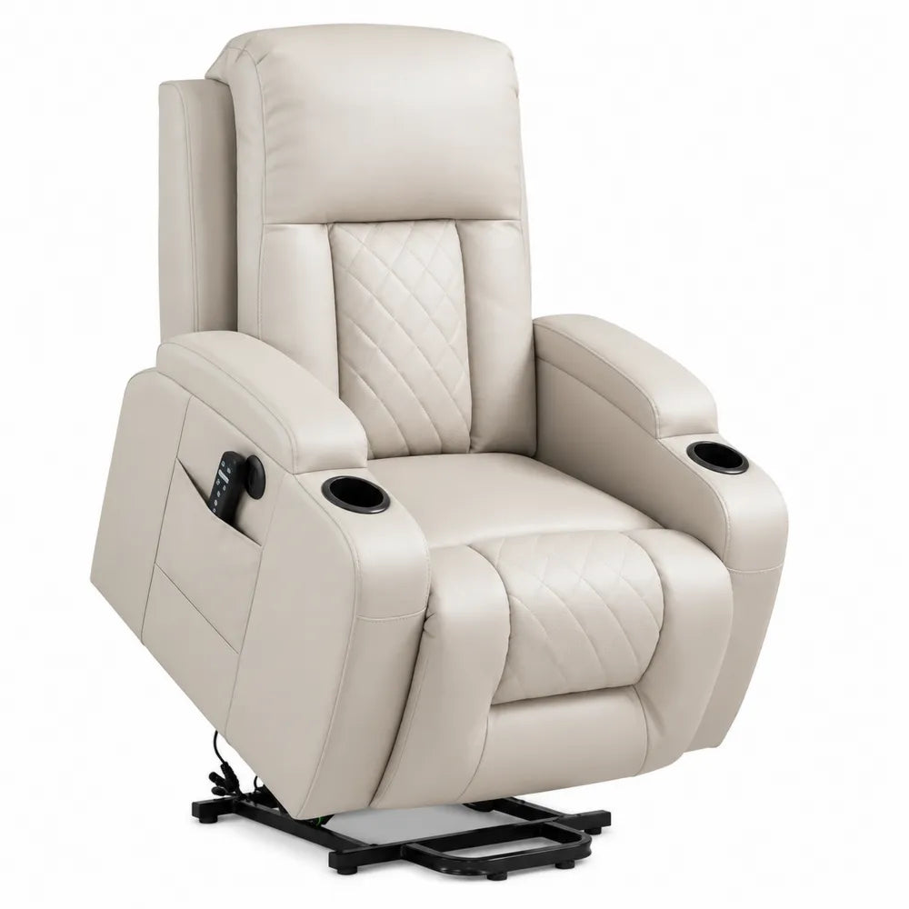 Poltrona relax elettrica reclinabile in pelle sintetica PU beige con poggiapiedi motorizzato e portabicchieri 90 cm x 95 cm x 105 cm