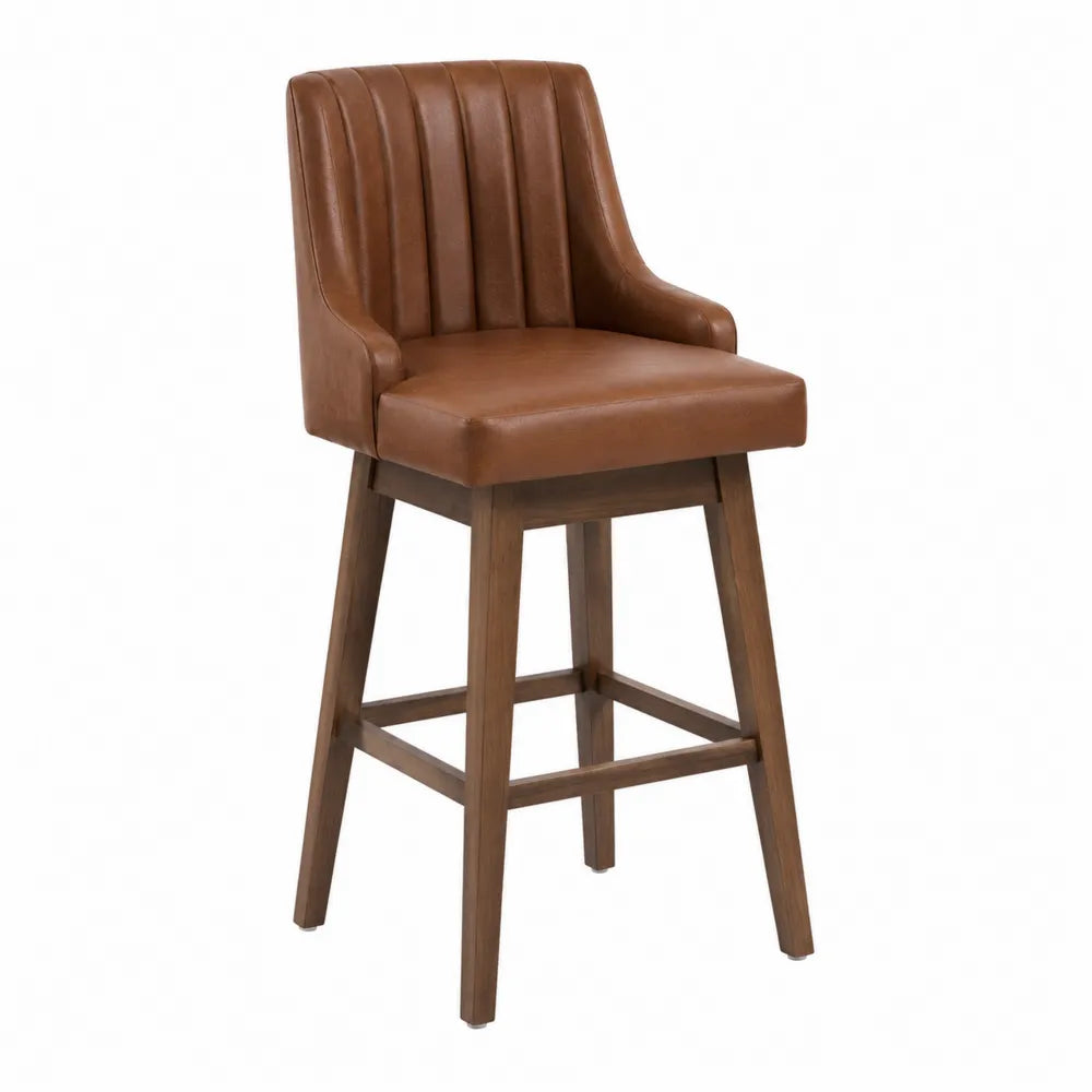 Sgabello da bar rettangolare in PU marrone cognac e legno massello di frassino con schienale imbottito 45 cm x 50 cm x 95 cm