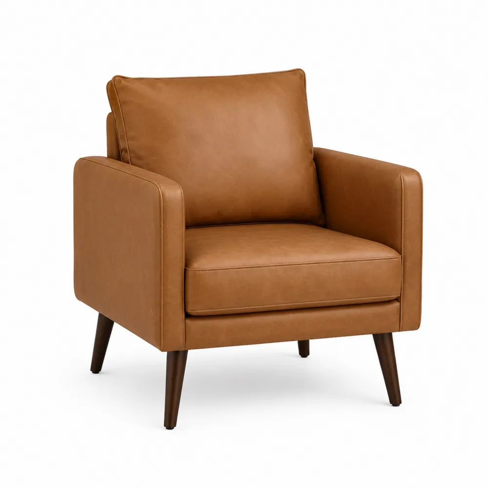 Poltrona imbottita in similpelle marrone con braccioli e gambe in legno massello stile moderno