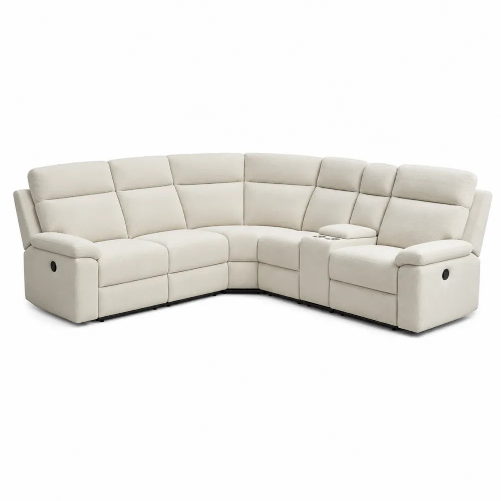 Divano angolare in tessuto poliestere beige chiaro struttura in legno di pino e compensato sedute reclinabili con portabicchieri 280 cm x 200 cm x 100 cm