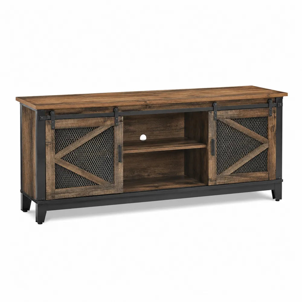 Mobile TV stile industriale con ante scorrevoli in rete metallica struttura in legno ingegnerizzato e metallo 160 cm x 40 cm x 60 cm