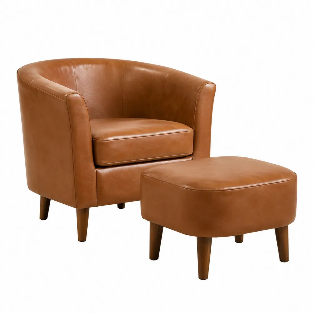 Poltrona con pouf 75 x 80 x 85 cm in pelle PU marrone con schienale curvo e gambe in legno di gomma