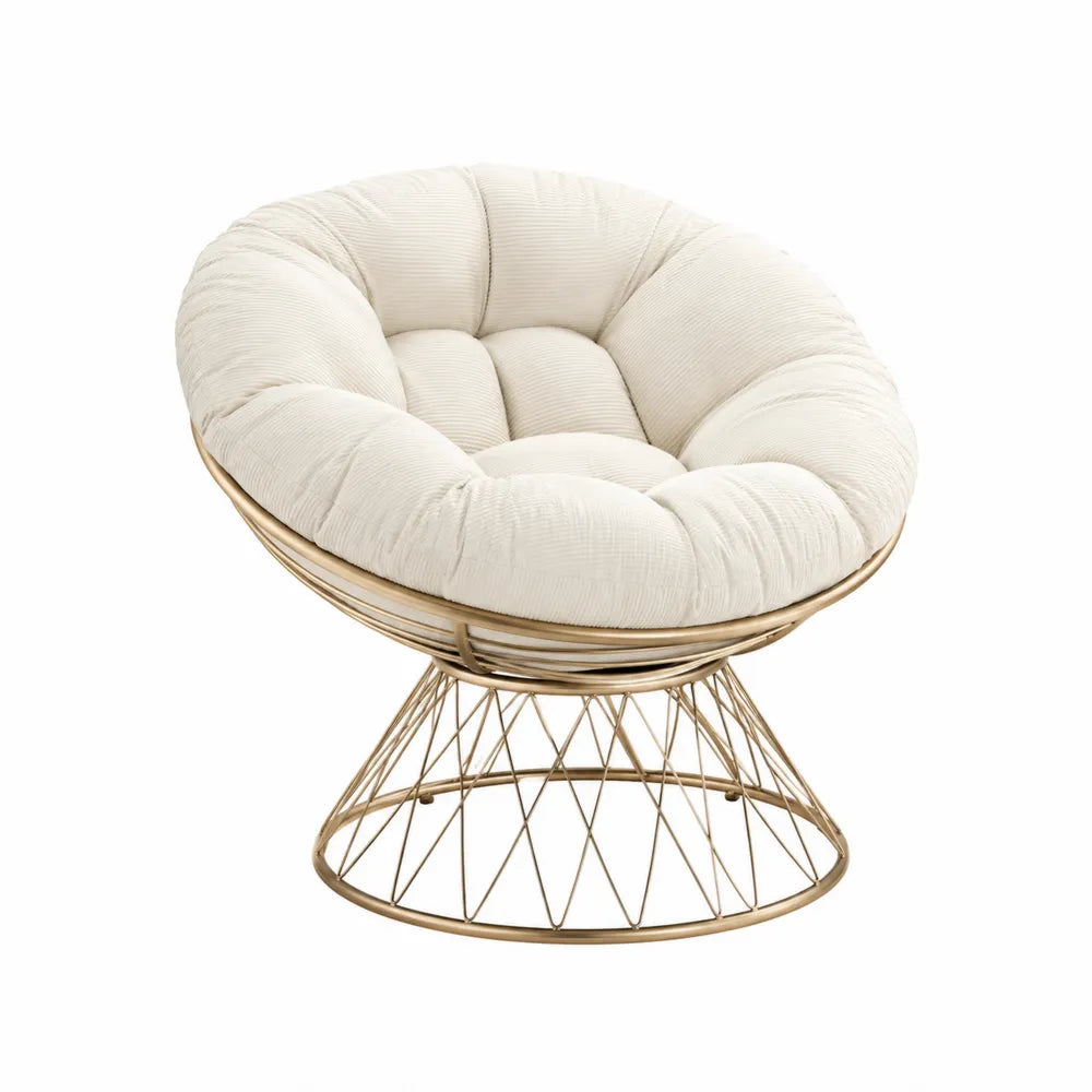 Poltrona papasan imbottita 80 x 70 x 75 cm in velluto a coste beige chiaro con base rotonda in acciaio color oro