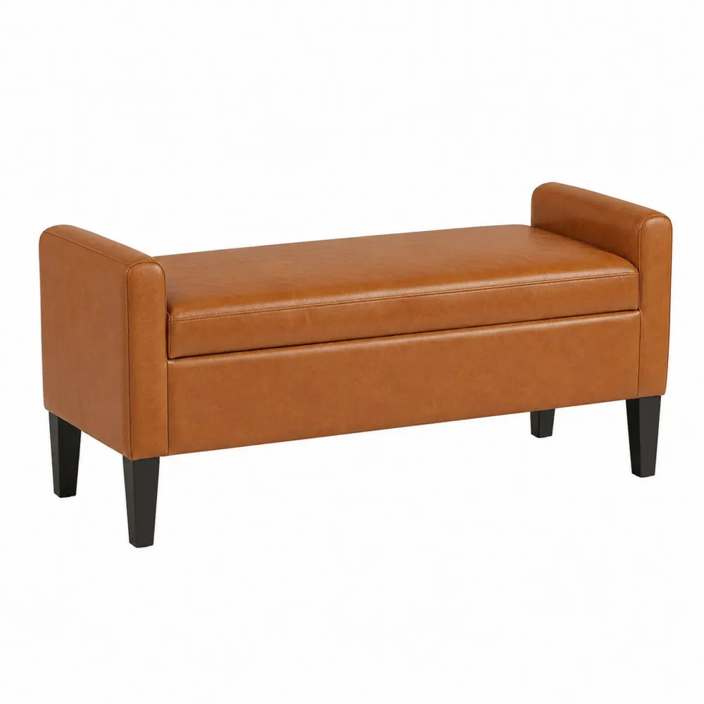 Panca contenitore rettangolare imbottita in PU marrone cognac con braccioli laterali e gambe nere 100 x 35 x 50 cm
