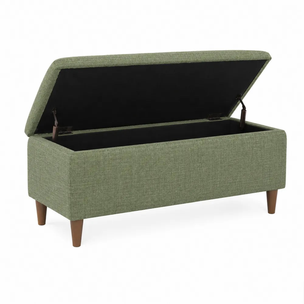 Panca contenitore rettangolare imbottita in tessuto poliestere verde con coperchio sollevabile e gambe in legno 80 x 40 x 45 cm
