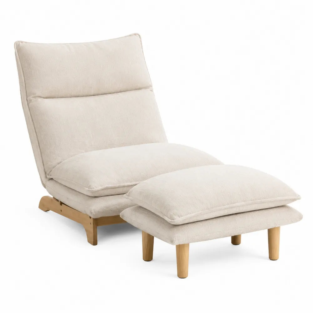 Poltrona con pouf in tessuto beige struttura in legno con gambe in legno naturale set soggiorno 80x75x85 cm