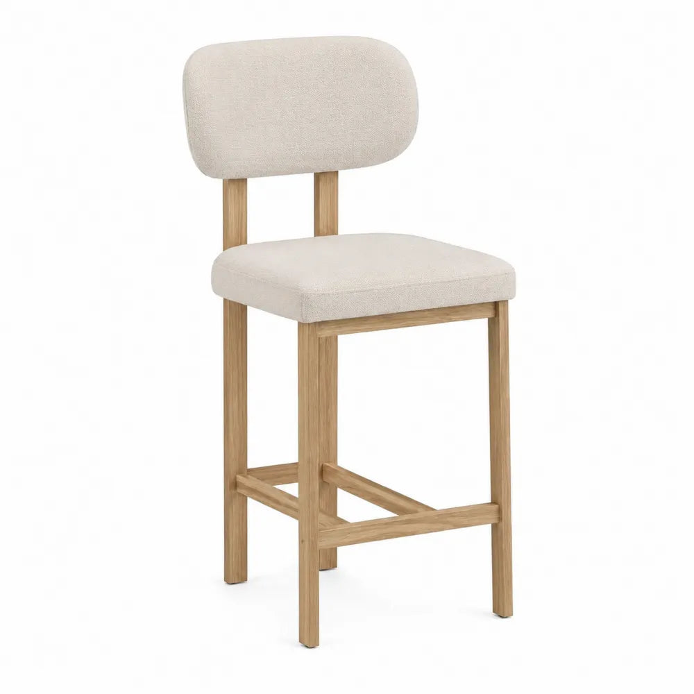Sgabello da bar con schienale in tessuto imbottito struttura in legno massello colore legno naturale e beige dimensioni circa 45 cm x 50 cm x 95 cm