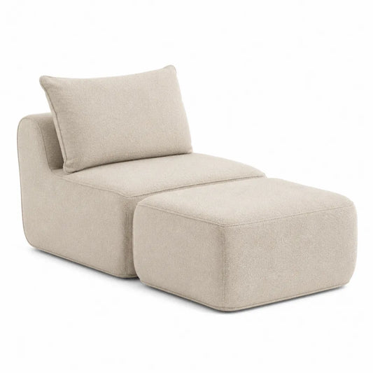 Chaise longue con pouf 140 x 90 x 70 cm in tessuto bouclé beige chiaro con seduta profonda e cuscino schienale