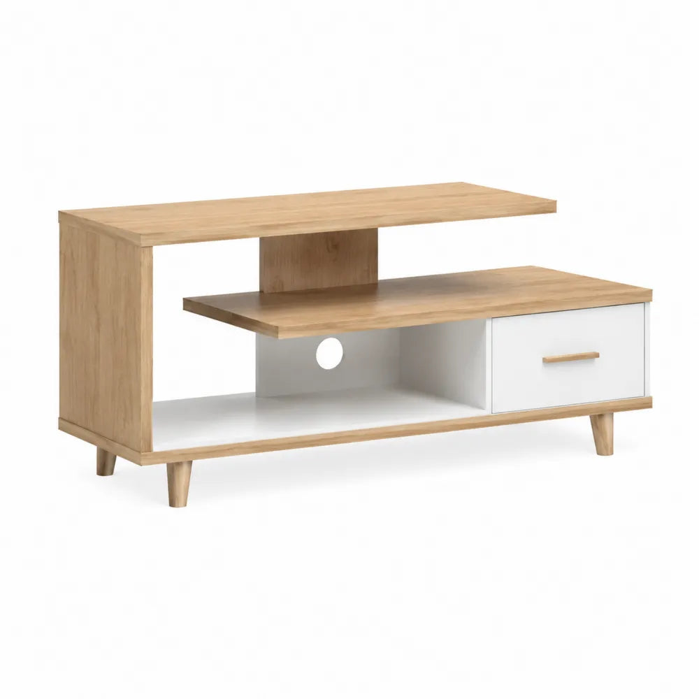 Mobile TV in legno ingegnerizzato rovere e bianco con cassetto e vano aperto 120 cm x 35 cm x 55 cm