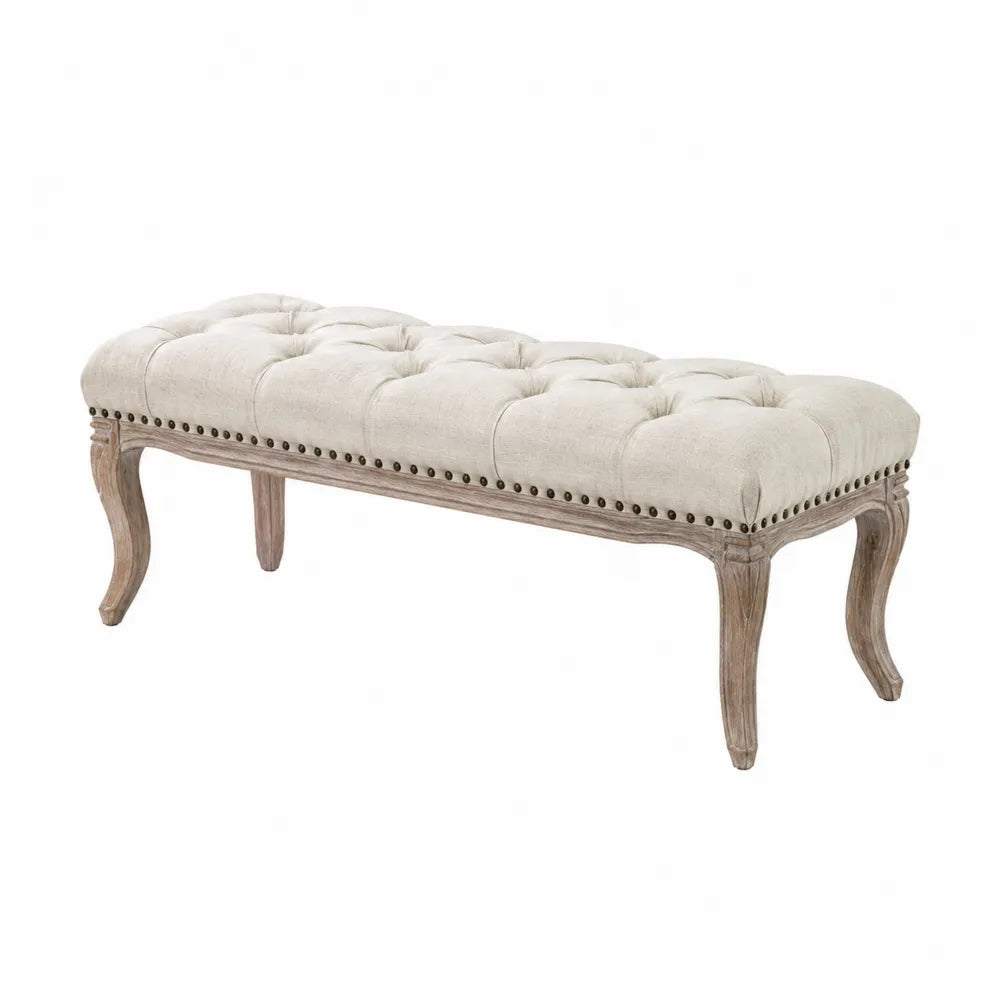 Panca imbottita rettangolare in tessuto poliestere effetto lino beige con borchie e gambe in legno 140 x 45 x 48 cm