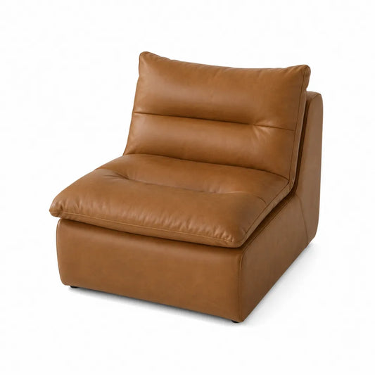 Poltrona modulare rettangolare in PU marrone cognac con schienale imbottito e struttura interna in compensato 85 cm x 85 cm x 70 cm