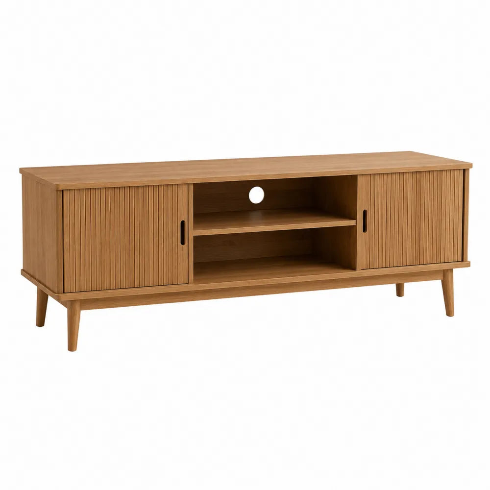 Mobile TV 160 x 40 x 55 cm in MDF impiallacciato rovere naturale con ante scorrevoli a doghe e vani aperti