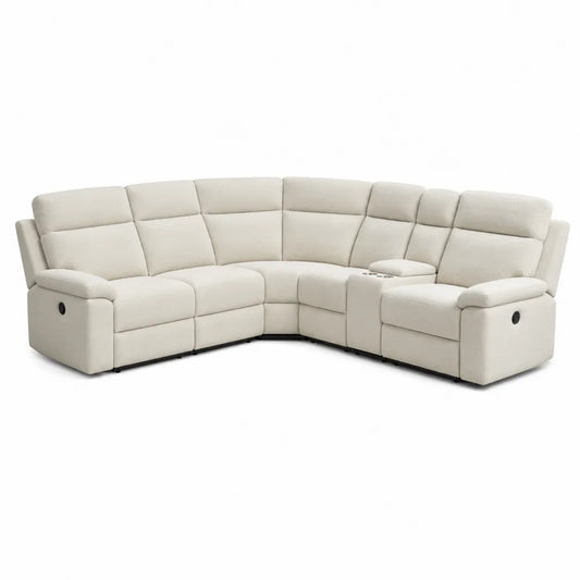Divano angolare in tessuto poliestere beige chiaro struttura in legno di pino e compensato sedute reclinabili con portabicchieri 280 cm x 200 cm x 100 cm