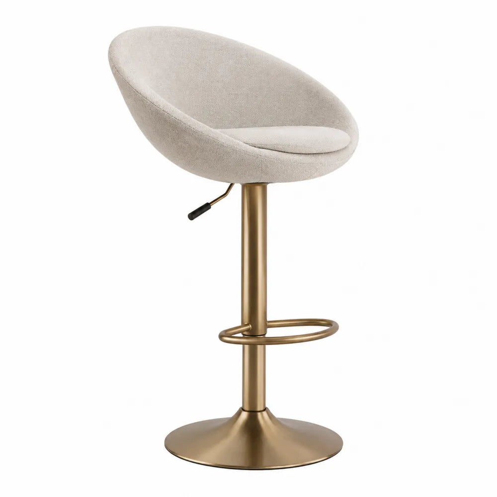 Sgabello da bar regolabile in tessuto bouclé beige e acciaio al carbonio dorato con seduta a conchiglia e poggiapiedi 42 cm x 40 cm x 85-105 cm