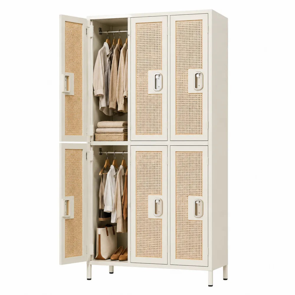 Armadio guardaroba da interno rettangolare 120 x 40 x 180 cm in acciaio verniciato e rattan sintetico con 6 ante beige e naturale