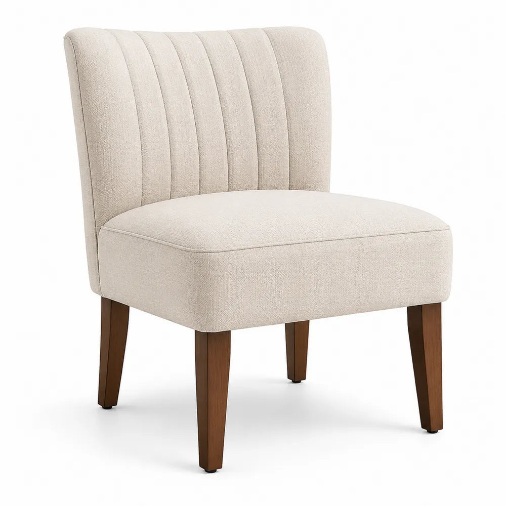 Sedia imbottita 55 x 60 x 85 cm in tessuto poliestere beige con schienale a canali verticali e gambe in legno marrone