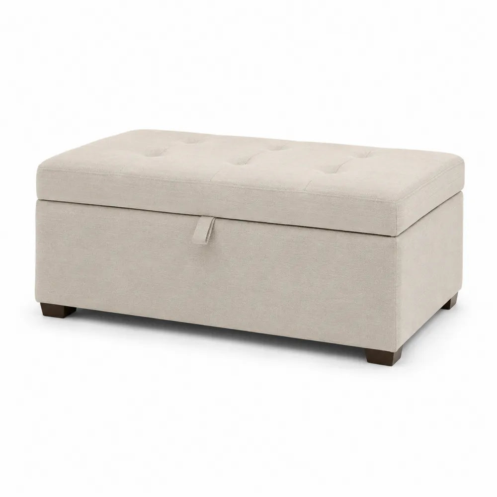 Pouf contenitore rettangolare imbottito in tessuto poliestere beige con coperchio sollevabile e piedini scuri 80 x 40 x 40 cm
