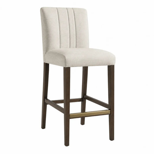 Sgabello da bar con schienale imbottito in tessuto beige struttura in legno massello finitura noce e poggiapiedi in metallo ottone 45 cm x 50 cm x 95 cm