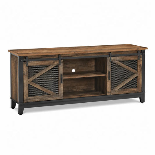 Mobile TV stile industriale con ante scorrevoli in rete metallica struttura in legno ingegnerizzato e metallo 160 cm x 40 cm x 60 cm
