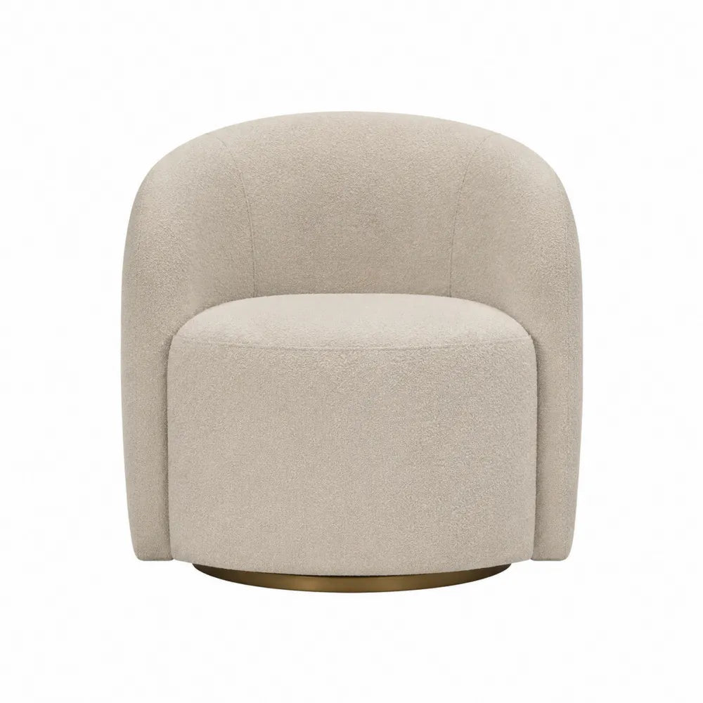 Poltrona imbottita in tessuto bouclé beige base girevole circolare in metallo dorato struttura in legno ingegnerizzato 80 cm x 75 cm x 70 cm
