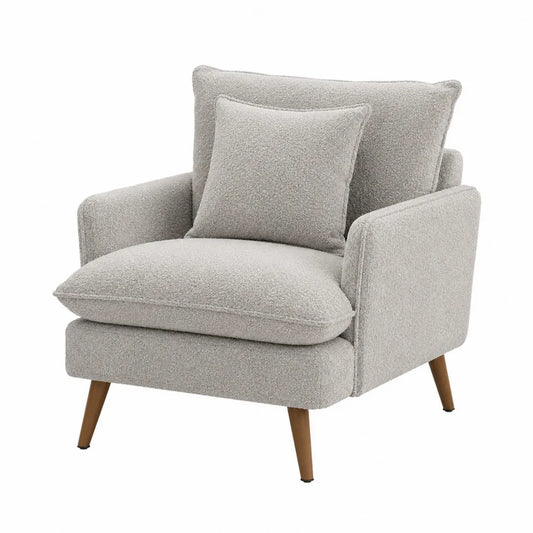 Poltrona imbottita 80 x 80 x 85 cm in tessuto bouclé beige chiaro con braccioli e gambe in legno naturale