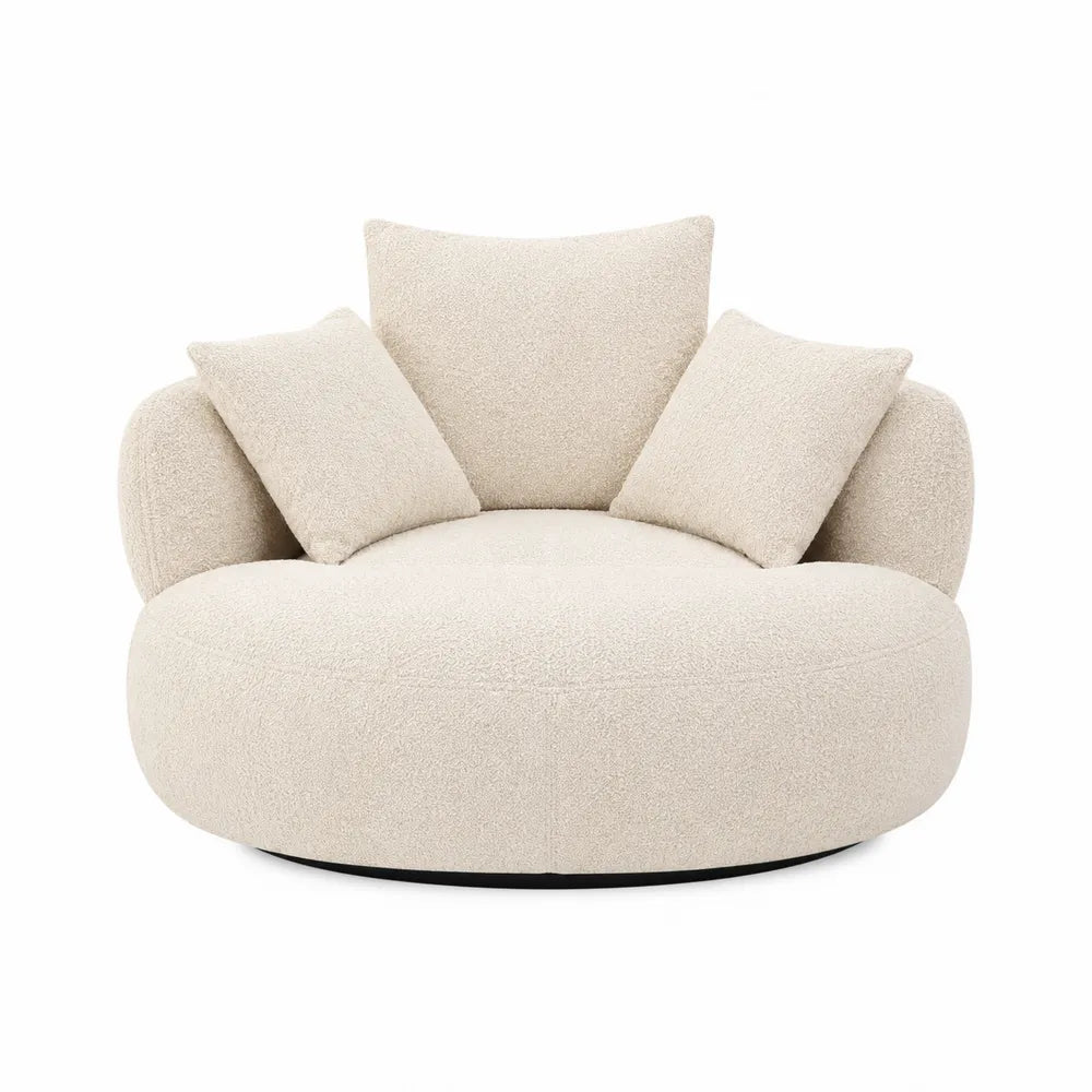 Divano lounge rotondo imbottito 100 x 100 x 75 cm in tessuto bouclé beige chiaro con base nera e 3 cuscini