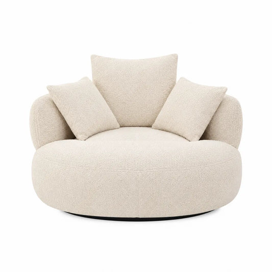 Divano lounge rotondo imbottito 100 x 100 x 75 cm in tessuto bouclé beige chiaro con base nera e 3 cuscini