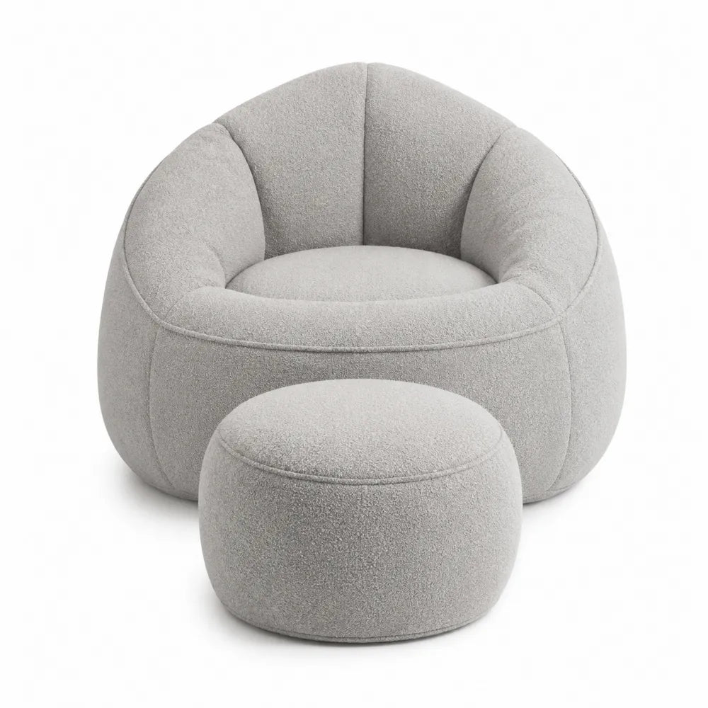 Poltrona sacco con pouf rotondo 85 x 85 x 70 cm in tessuto bouclé grigio chiaro con seduta avvolgente