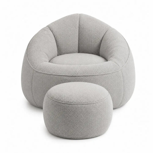 Poltrona sacco con pouf rotondo 85 x 85 x 70 cm in tessuto bouclé grigio chiaro con seduta avvolgente