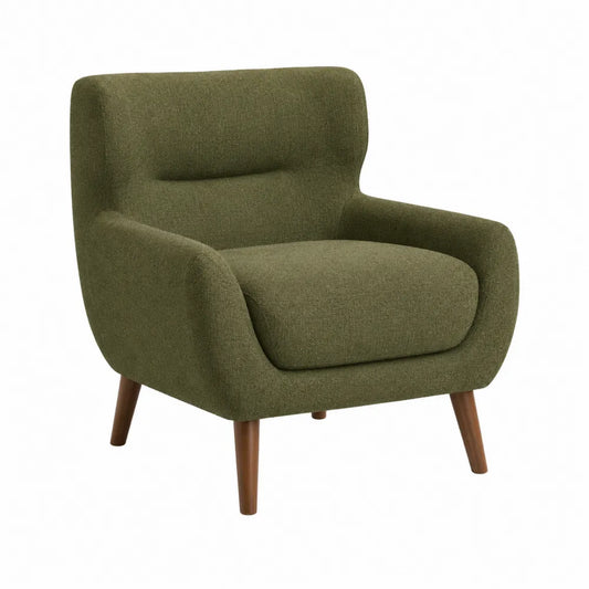 Poltrona imbottita 80 x 75 x 85 cm in tessuto poliestere verde oliva con braccioli e gambe in legno marrone