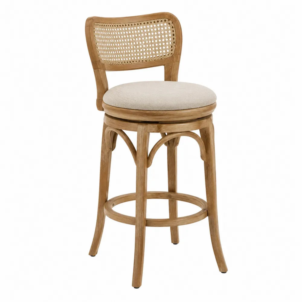 Sgabello da bar rotondo in legno massello di frassino naturale con schienale in rattan e seduta imbottita beige 45 cm x 50 cm x 95 cm