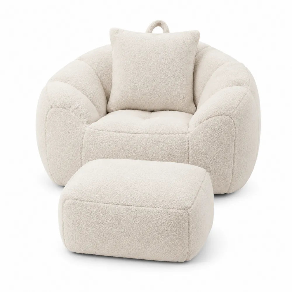 Poltrona sacco con pouf 100 x 90 x 75 cm in tessuto bouclé beige chiaro con forma arrotondata e cuscino