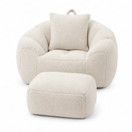 Poltrona sacco con pouf 100 x 90 x 75 cm in tessuto bouclé beige chiaro con forma arrotondata e cuscino