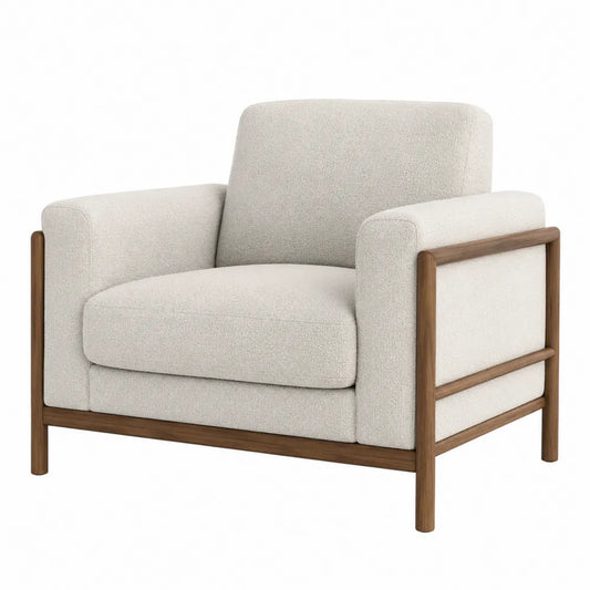Poltrona singola imbottita 88 x 82 x 78 cm in tessuto bouclé beige con telaio in legno di gomma marrone
