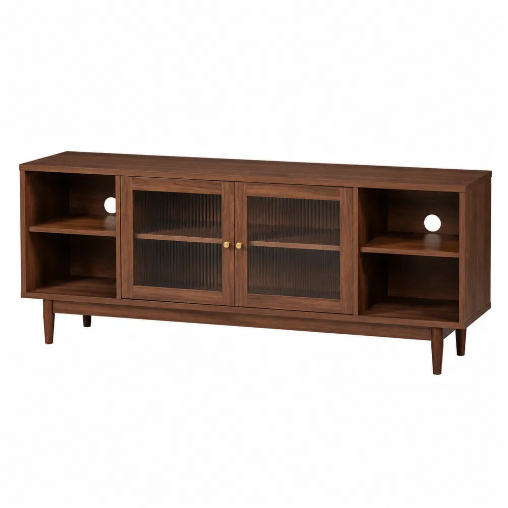 Mobile TV rettangolare in MDF effetto noce scuro con ante in vetro temperato scanalato e vani aperti 180 x 40 x 55 cm