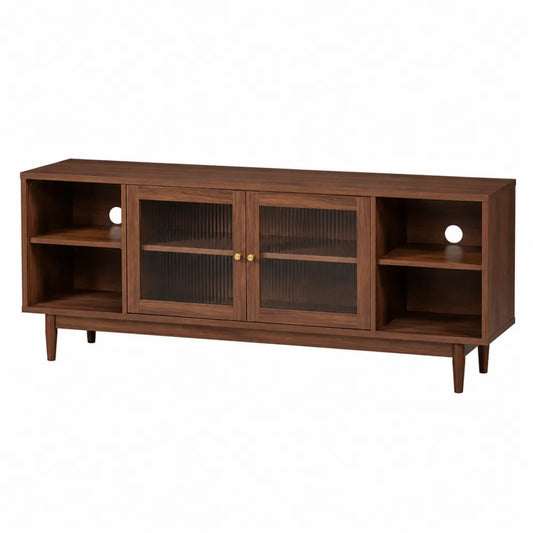 Mobile TV rettangolare in MDF effetto noce scuro con ante in vetro temperato scanalato e vani aperti 180 x 40 x 55 cm