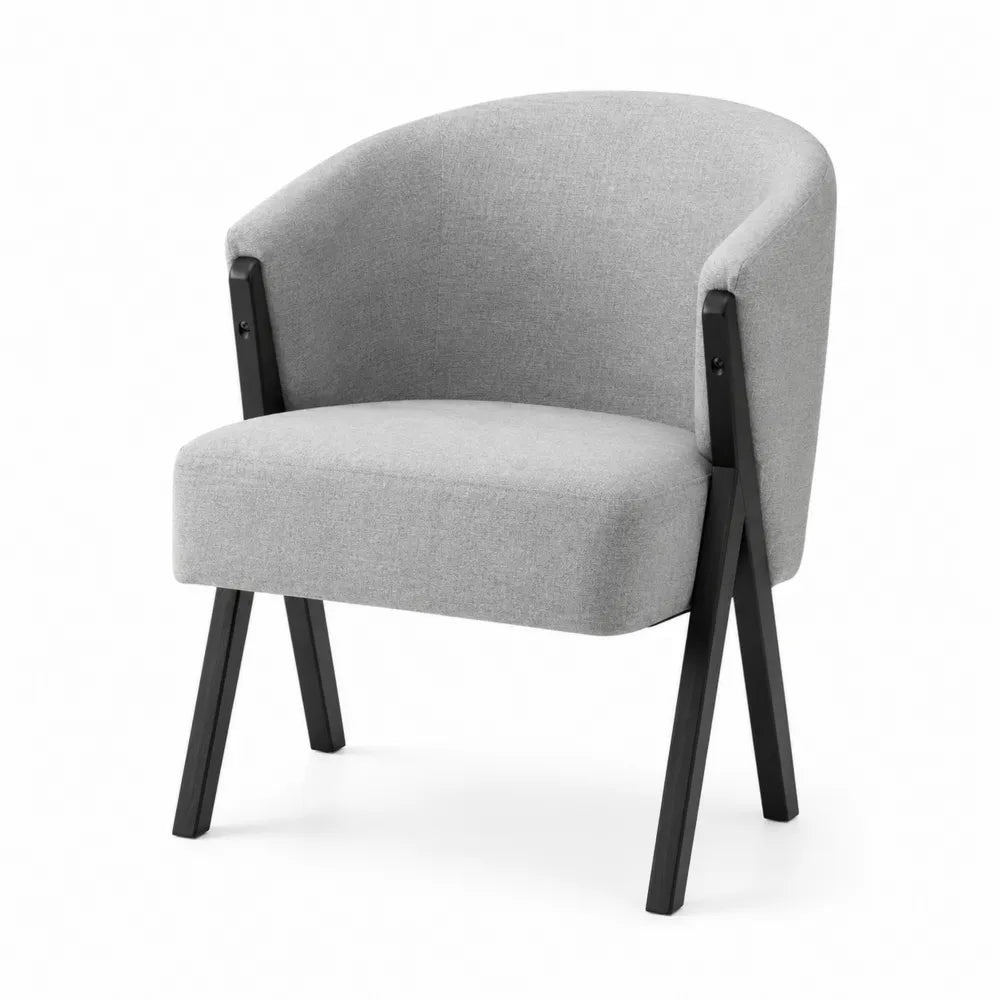 Sedia imbottita con braccioli in tessuto poliestere grigio chiaro struttura in acciaio nero gambe inclinate 58 cm x 60 cm x 80 cm