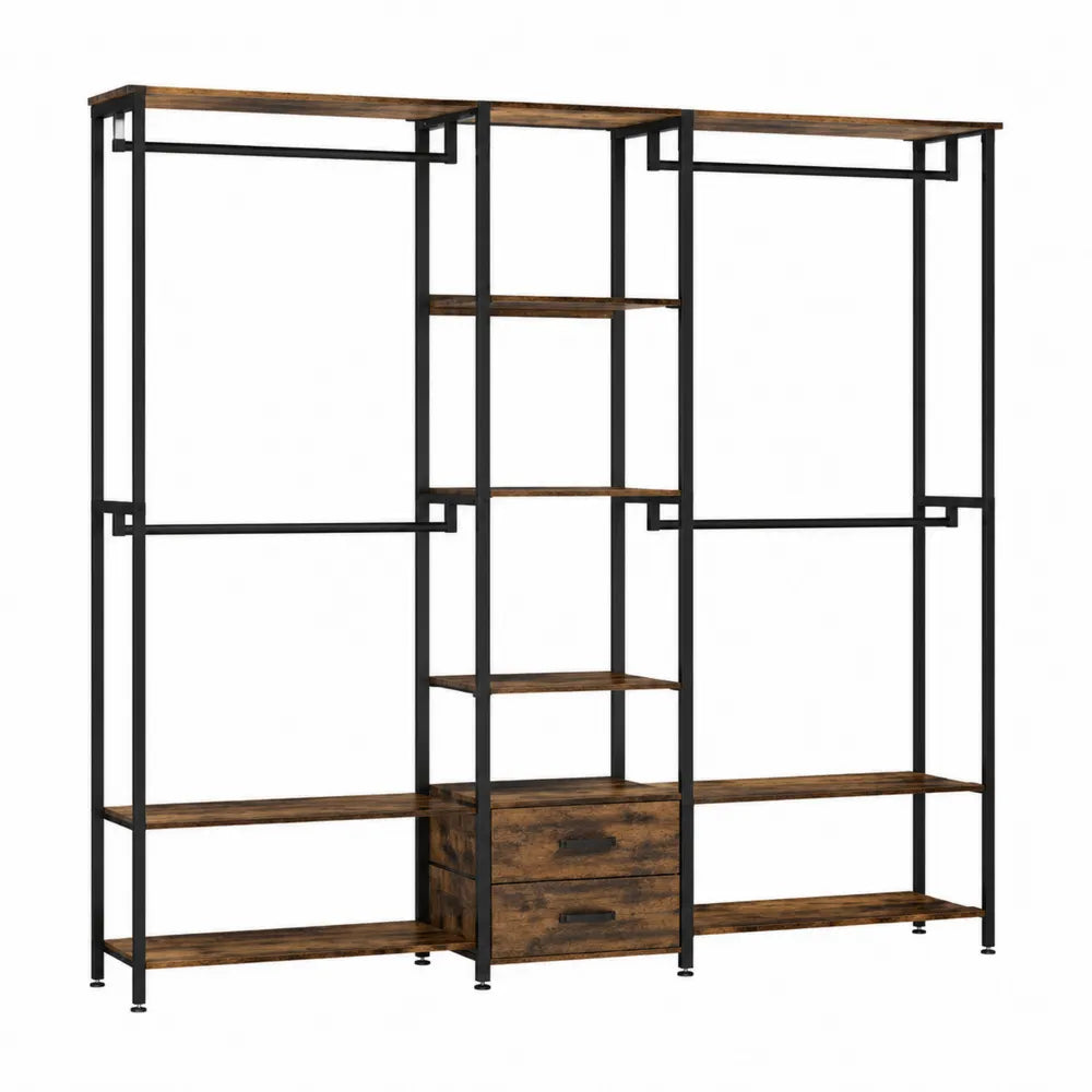 Guardaroba aperto da interno 180 x 40 x 200 cm in acciaio verniciato e MDF effetto legno con aste appendiabiti cassetti nero e marrone