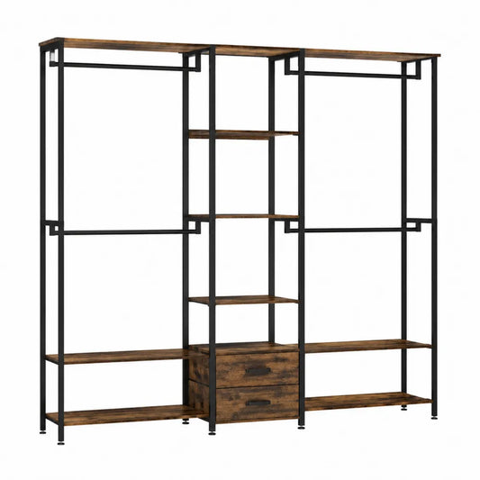 Guardaroba aperto da interno 180 x 40 x 200 cm in acciaio verniciato e MDF effetto legno con aste appendiabiti cassetti nero e marrone