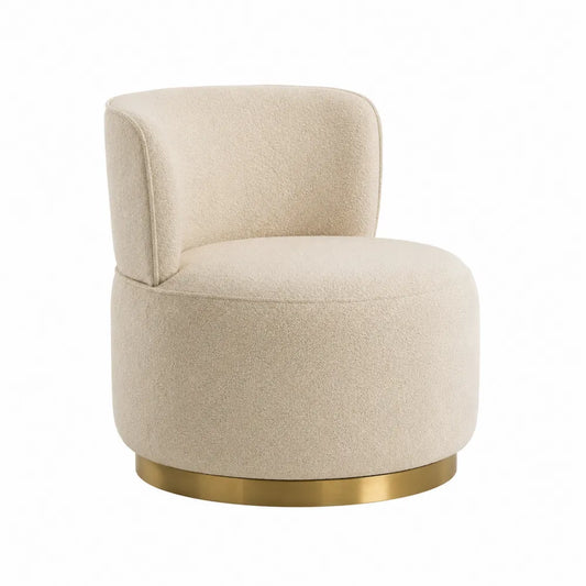 Poltrona girevole imbottita 70 x 70 x 72 cm in tessuto bouclé beige chiaro con base rotonda in acciaio color oro