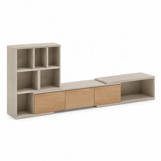 Mobile TV centro intrattenimento modulare in pannelli truciolari beige e rovere chiaro con libreria laterale 280 x 35 x 180 cm